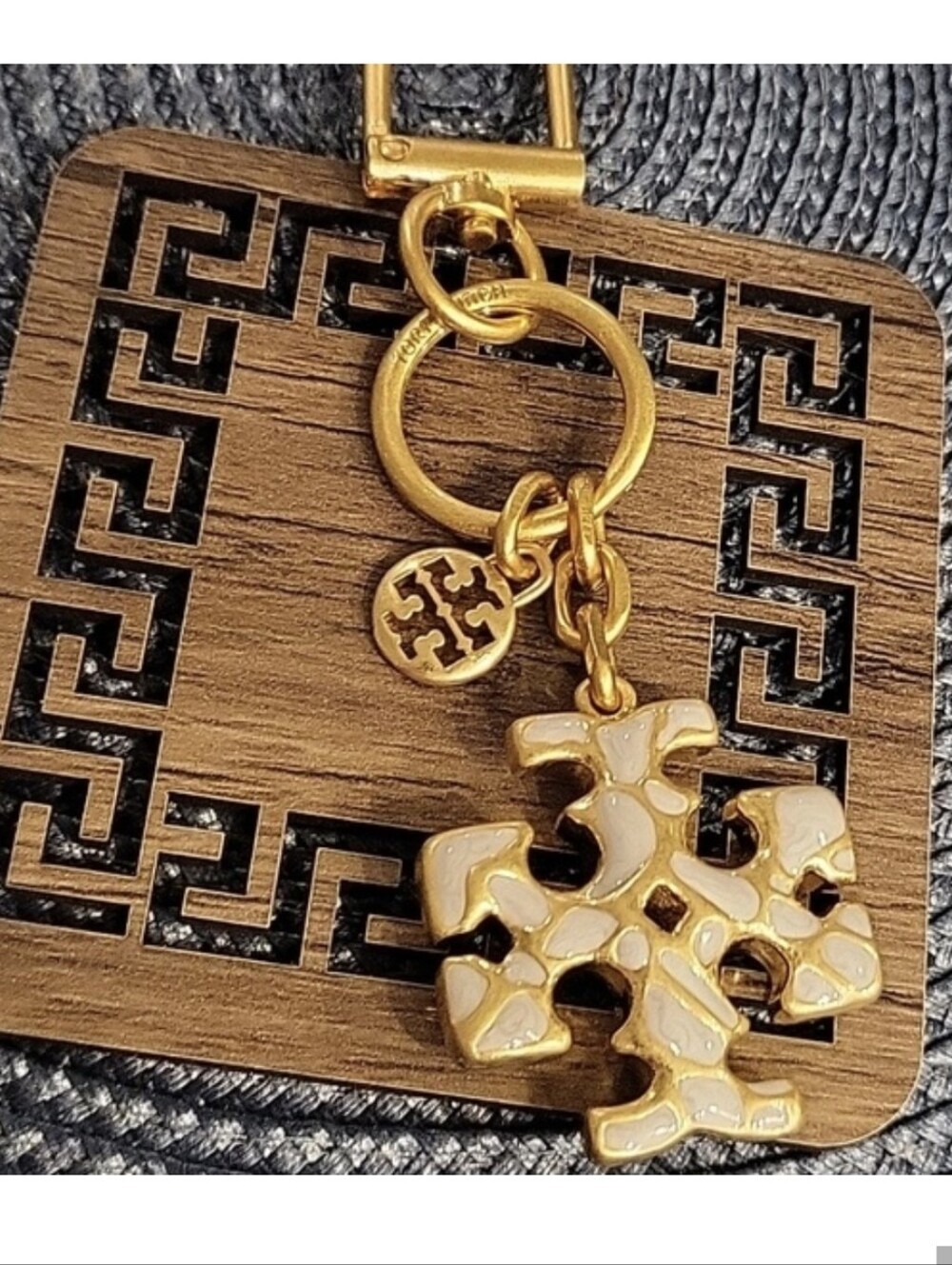 Tory Burch Gold and Cream Logo Keychain Charm